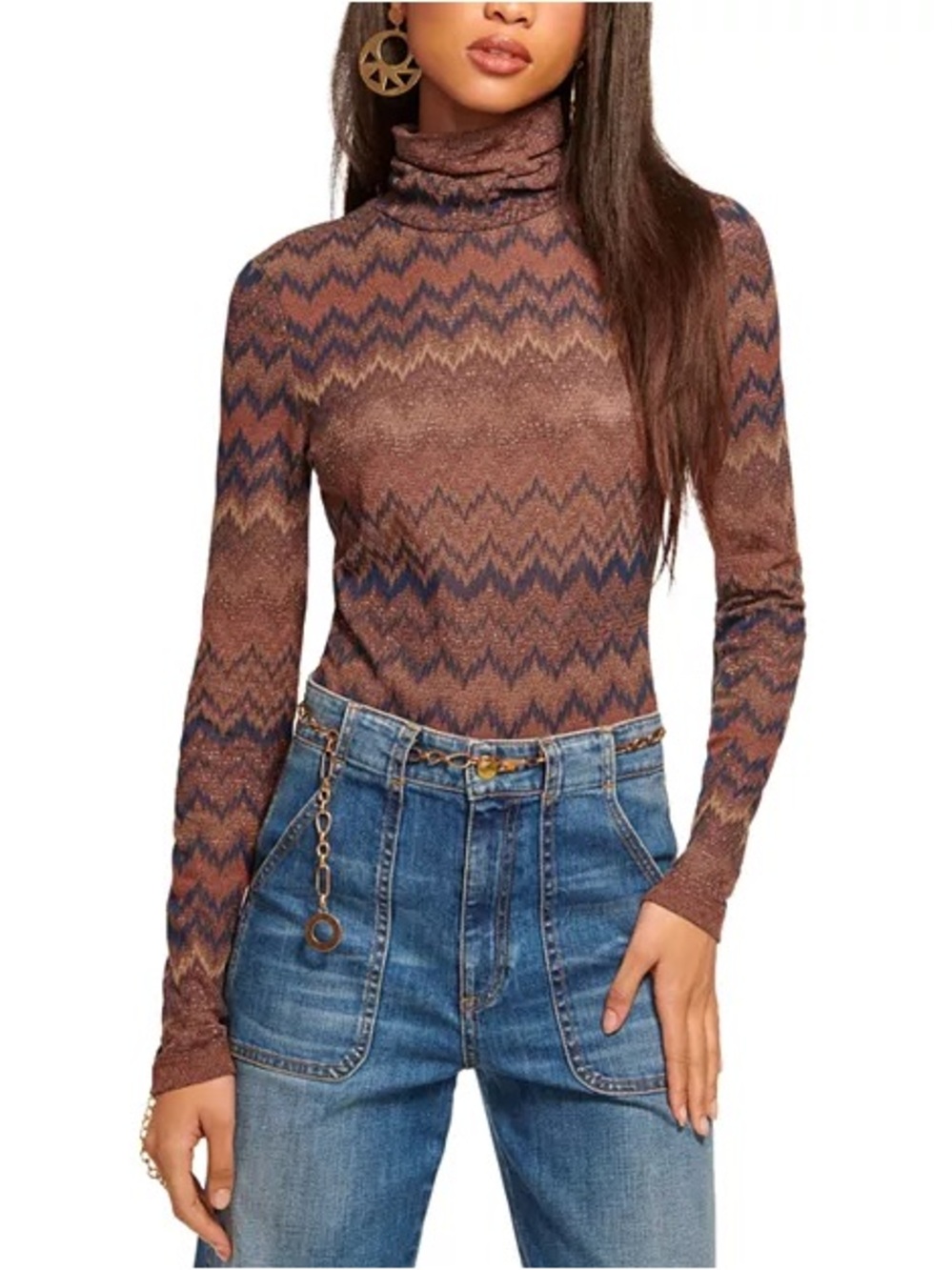 Ramy Brook Womens Prudence Metallic Chevron Turtleneck Top Size M Blouse shimmer